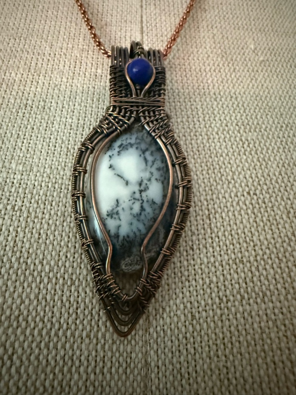 Dendritic White and Blue Stone Wire-Wrapped Copper Pendant